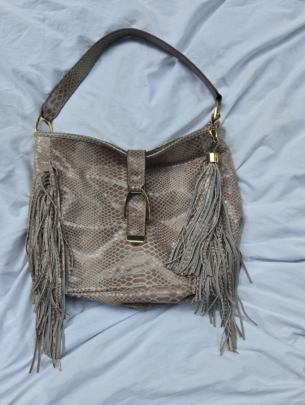 G.I.L.I. Taupe Snake-Embossed Fringe Shoulder Bag